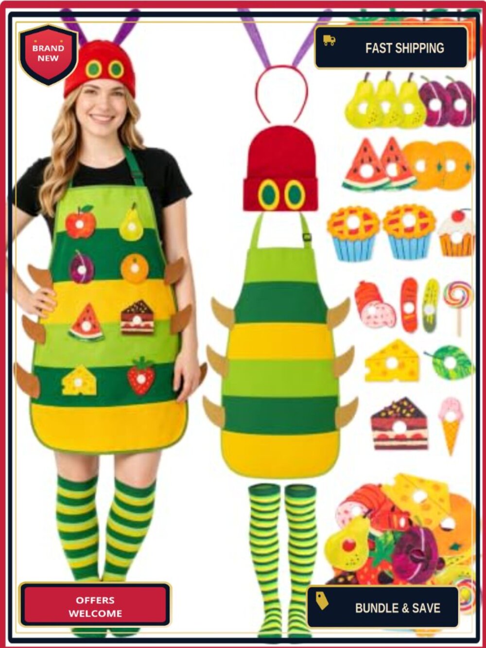 Caterpillar Costume Set Striped Apron Beanie Antennae Headband Socks Felt Food